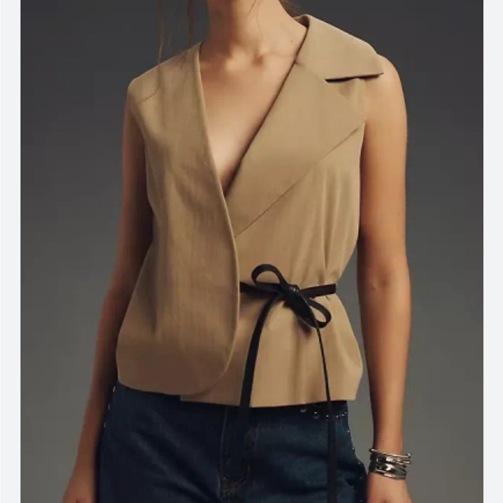 Anthropologie Beige Sleeveless Wrap Tank with Black Tie